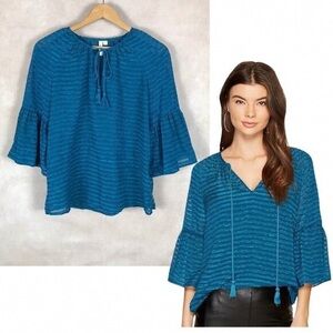 Kensie Teal Striped Blouse with Tie Detail
